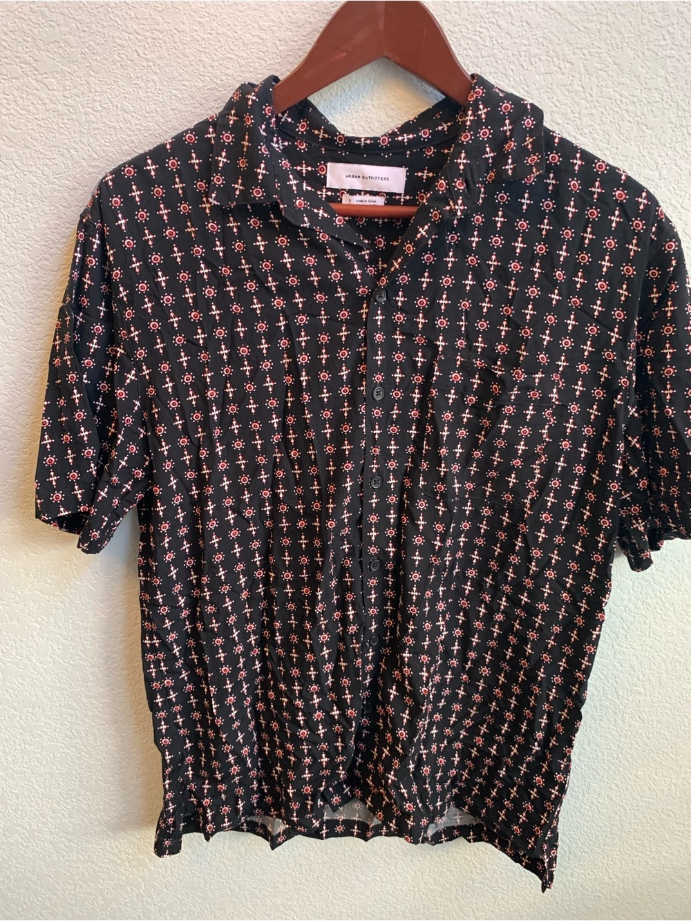 Urban Outfitters Black Short-Sleeve Button-Down with Pink Geo Print